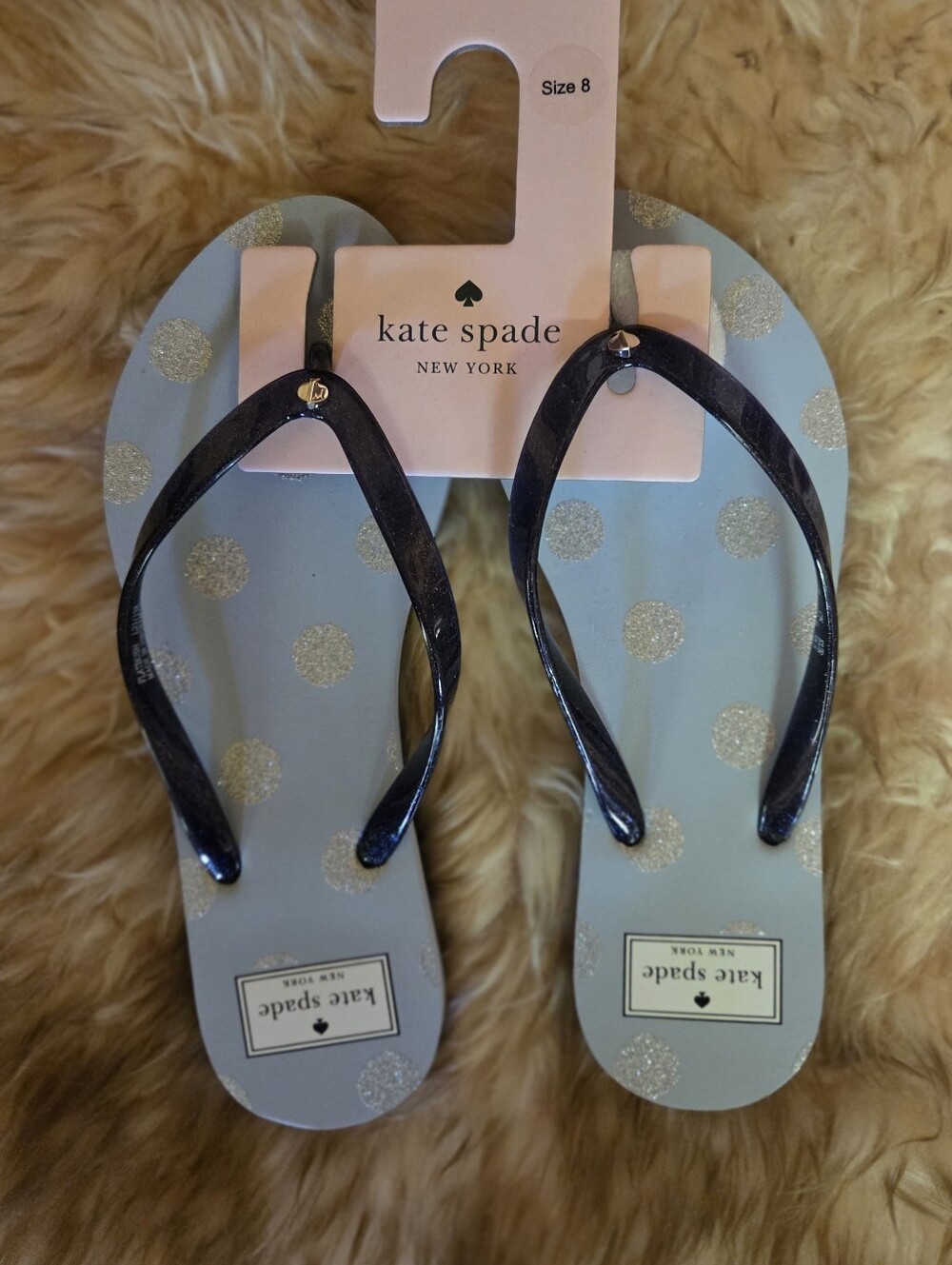 Kate Spade light blue flip flops, NWT, Size 8, silver glitter polka dots